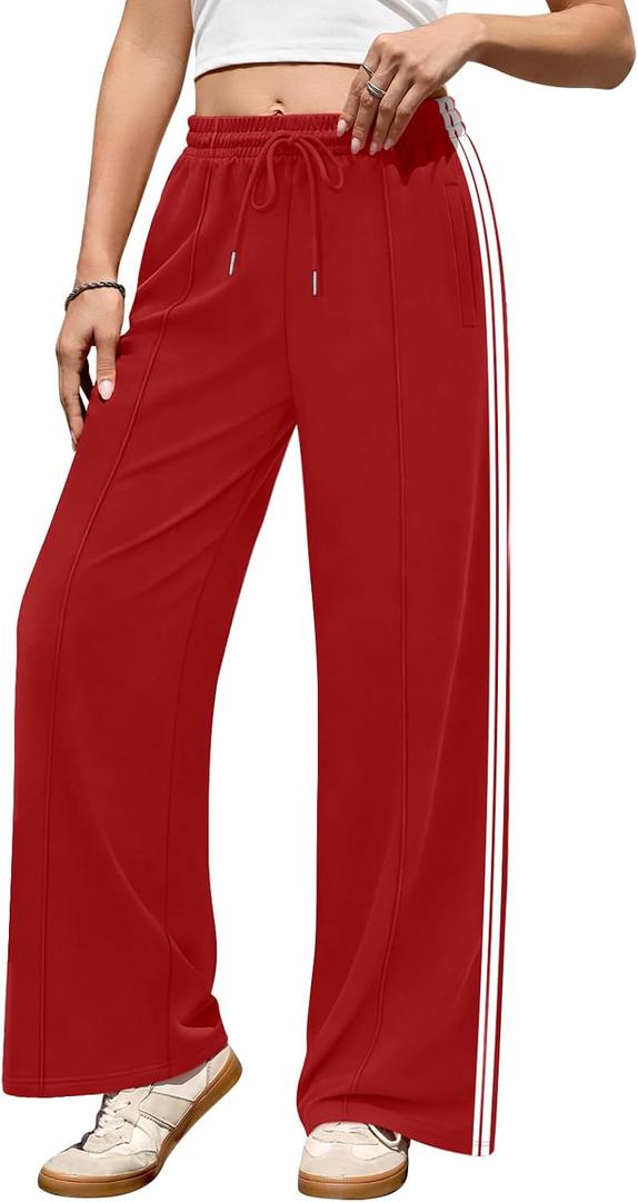 Track Pants Women High Waisted Striped Wide Leg Straight Lounge Pants Casual Sweatpants with Pockets (Red, XS)