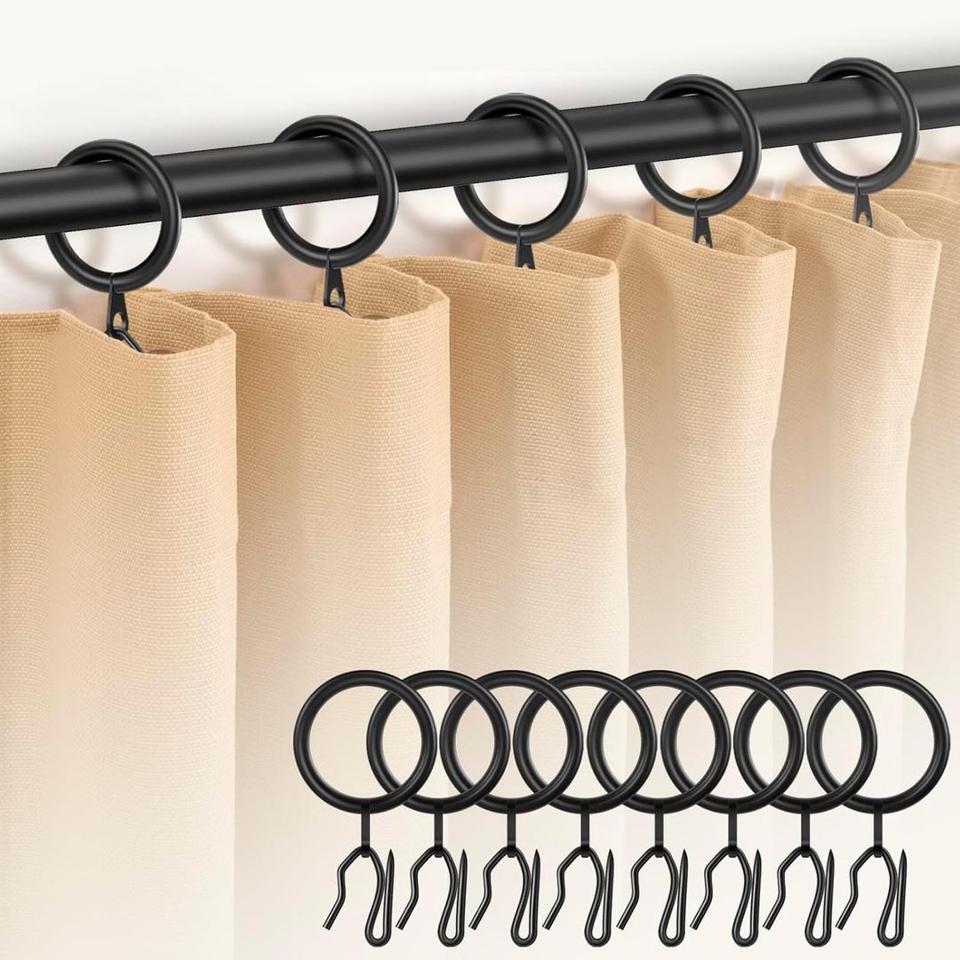 60Pcs Metal Curtain Rings and 60 Pcs Curtain Drapery Pin Hooks,Black Curtain Hooks for Drapes,30mm Internal Diameter for Window, Shower Curtain