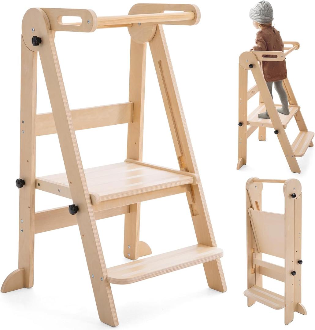 Foldable Toddler Tower - Kitchen Step Stool Helper for Kids 1-6 Years, Montessori Toddler Standing Tower with 3 Adjustable Height for Kitchen Counter Bathroom (Natural)