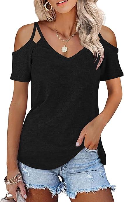 Minclouse Women's Summer Short Sleeves Tops Cold Shoulder V Neck Shirts Casual Strappy Tees (XX-Large, Black)