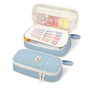 SUNEE Cute Pencil Case, Aesthetic Pen Pouch, Colored Large Pencil Bag with Zipper, Kawaii Stationery Storage and Organizer, School Supplies for Teen and Adult Girls, Blue