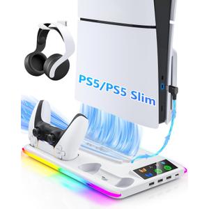 Honghao Controller Charger for PS5/PS5 Slim/Pro: PS5 Stand Cooling Fan and Controller Charger Station, PS5/PS5 Slim/Pro Accessories Vertical Charging Dock for PlayStation 5 Console (White)