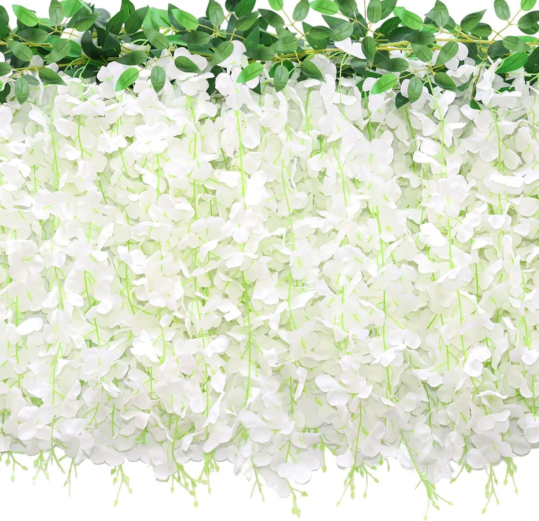 Wisteria Hanging Flowers, 4Pcs Wisteria Artificial Flowers Garland, Artificial Wisteria Vine Silk Hanging Flower for Home Garden Outdoor Ceremony Wedding Arch Floral Decor (White)