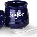 HAOTOP 12oz Sugar Bowl with Lid and Spoon,Ceramic Sugar Jar Sugar Dispenser Sugar Container Coffee Bar Accessories, Kitchen Countertop Canisters, Navy