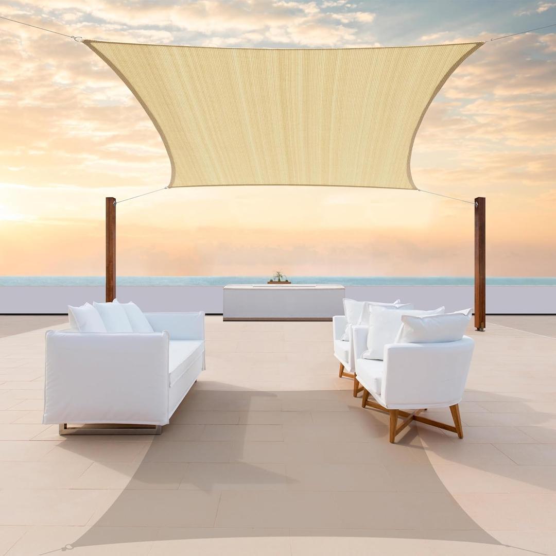 Colourtree 10' x 16' Beige Sun Shade Sail Rectangle Canopy Fabric Cloth Screen, Water Permeable, UV Block UPF50 & Heavy Duty, Carport Patio Outdoor (We Customize Size)