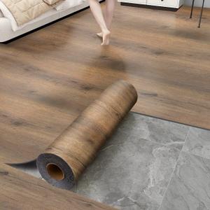 Luxury Thicken Wood Grain Peel and Stick Floor Tiles Self-Adhesive Vinyl Flooring Roll-DIY Easy for Wall and Floor,Hard Surface/Waterproof/Anti Slip (Brown Vinyl Flooring, 17.72 "W x 393.7" L)
