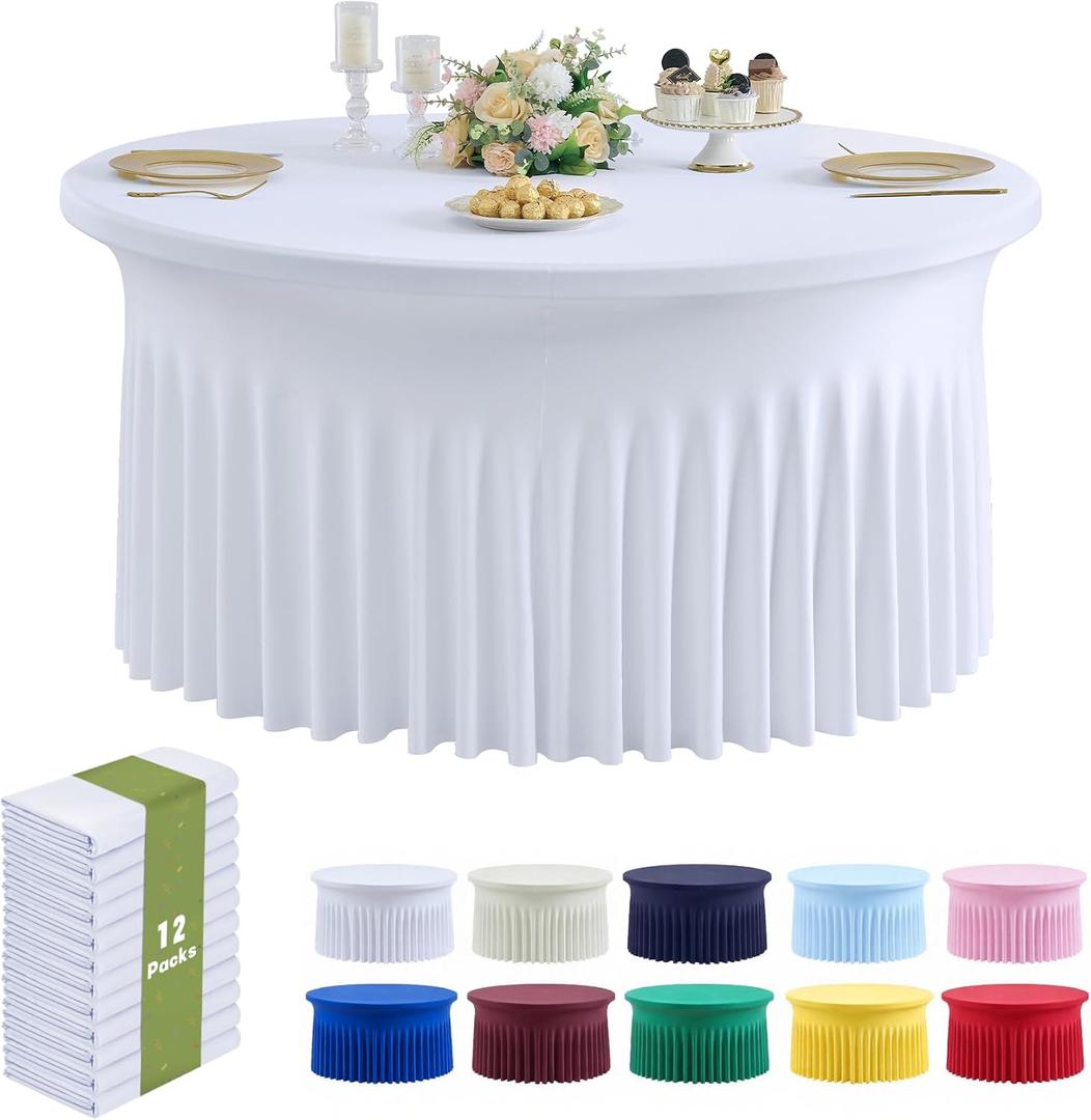Outpain 12 Pack White Round Spandex Tablecloths for 60in Tables, 120Inch Stretchy Fitted 5FT Round Table Clothes,Wrinkle Free Table Cover with Skirt for Wedding Party Dining Banquet Baby Shower