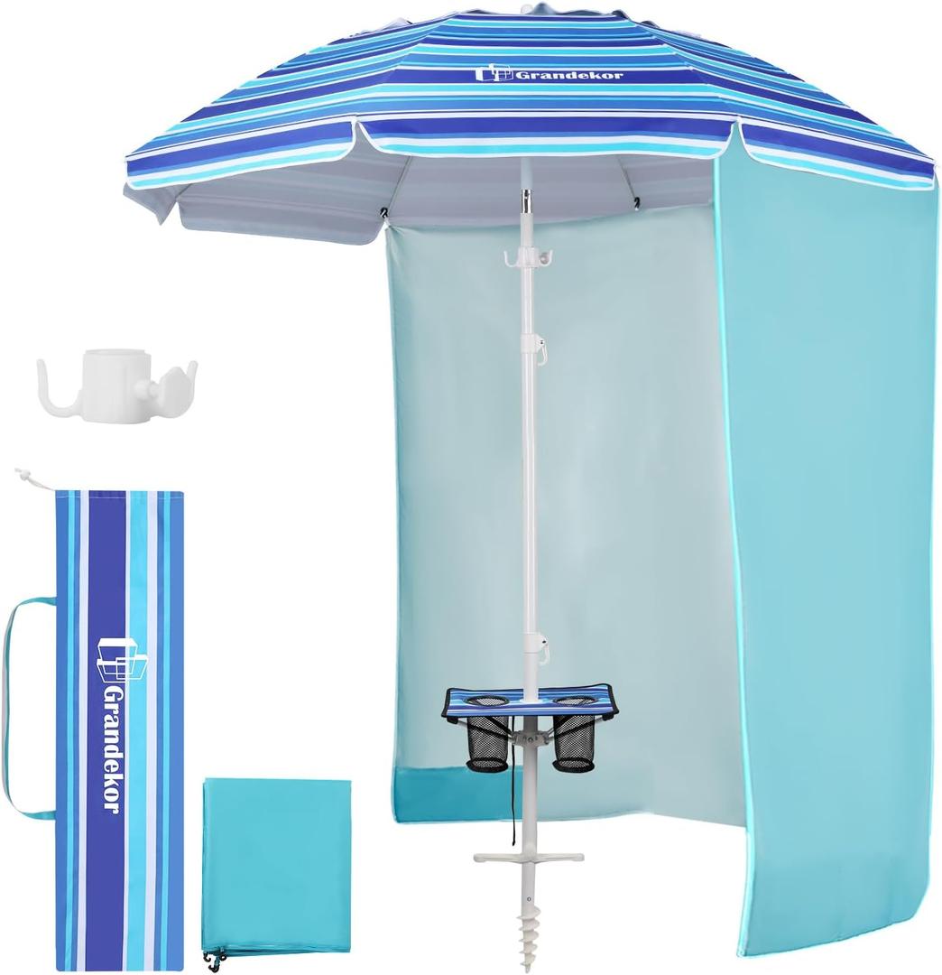 Grandekor 7FT Beach Umbrellas for Sand Heavy Duty Wind Portable Beach Umbrella with Table and Sun Shade Travel Beach Umbrella with Carry Bag Sun Umbrella Beach,UV 50+ (Blue&White-Sun Shade)