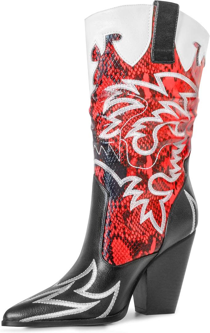 Women Cowboy Boots Mid Calf Embroidered Cowgirl Knee High Chunky Heel Western Pointed Toe (12)