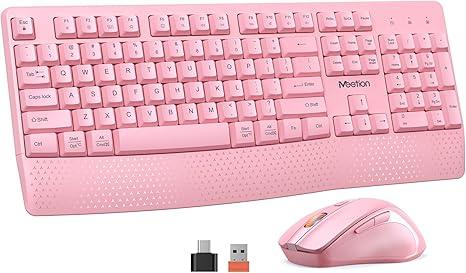 MEETION Wireless Keyboard and Mouse, FullSized Cordless Keyboard with Wrist Rest and 3 DPI Adjustable Mouse, Keyboard and Mouse Set with 2.4GHz USB Receiver, for PC/Computer/Laptop/Windows/Mac, Pink