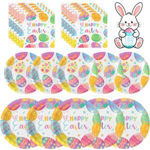 150 Pack Easter Party Supplies Set, Happy Easter Dinnerware Set Includes Heavy Duty Dessert Dinner Plates and Luncheon Napkins for Spring Birthday Party Decorations Table Decor, Serves 50
