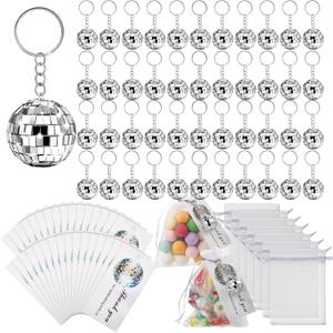 BBTO 36 Pack Mini Mirror Disco Ball Keychain Bulk Silver Disco Ball Party Favors 70s Keychains 1970s Accessories Party Favor Supplies with Drawstring Sheer Organza Bags Thank You Tags(72 Sets)