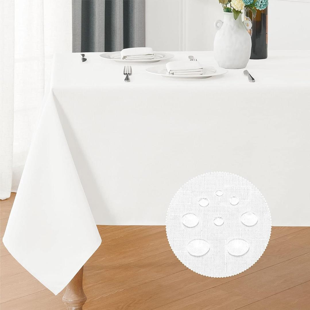Veblandy Rectangle 10 Feet Tablecloth 60x144 inch Linen Textured Table Cloth Stain and Wrinkle Resistant Washable Polyester, Decorative Table Cover Waterproof for Dining, Buffet and Camping, White