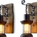 Rustic Industrial Wall Sconces, Black Metal Lantern with Wood Backplate, Farmhouse Indoor Light Fixture for Dining Room, Hallway, Porch