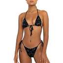 Women's Two Piece Bikini Swimsuit Set Floral Padded Top Tie Side Triangle Thong Bathing Suit Black Small