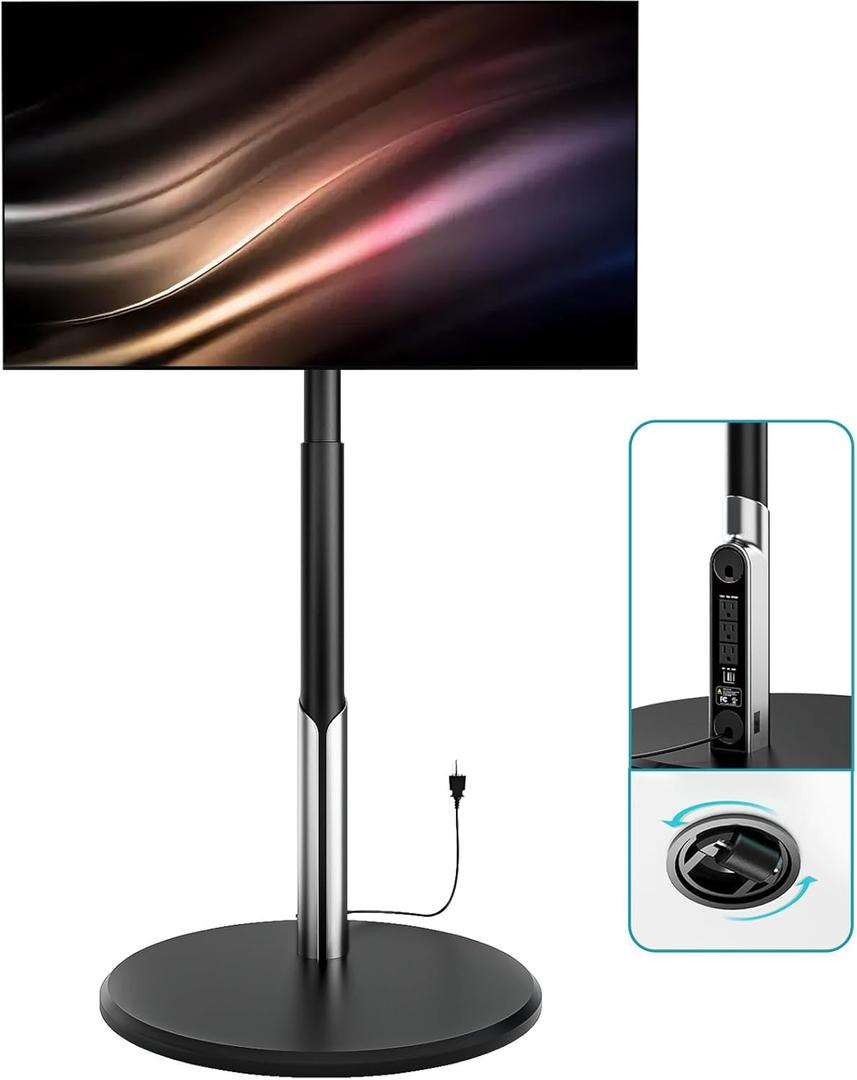 Floor Mobile TV Stand with Power Outlet, Rolling TV Cart for 27-65 Inch OLED LED Monitors, 6 Levels of Height Adjustment, Ambient Lighting on The Bottom Wheels Holds up to 88lbs, 400x400mm (Black)