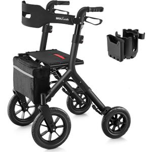 MAXWALK Rollator Walker with Seat, Tall Walkers for Seniors, 12" Big Rubber Wheels All Terrain Rollator Walker with Backrest, Built-in Cable, Foldable and Dual Adjustable Height for 5.3-7ft, Black