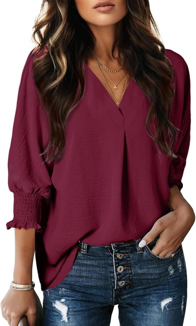 Dokotoo Women Blouses Dressy Casual V Neck 3/4 Length Sleeve Womens Tops Business Work Blouses Office Shirts (Large, Burgundy)