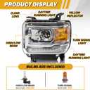 Headlight Assembly with LED DRL Compatible with GMC Sierra 2014-2018 1500 | 2015-2019 2500HD/3500HD Base/Denali/SLE/SLT, Headlamp Replacement with LED DRL, with Bulbs, Chrome Housing Amber Reflector