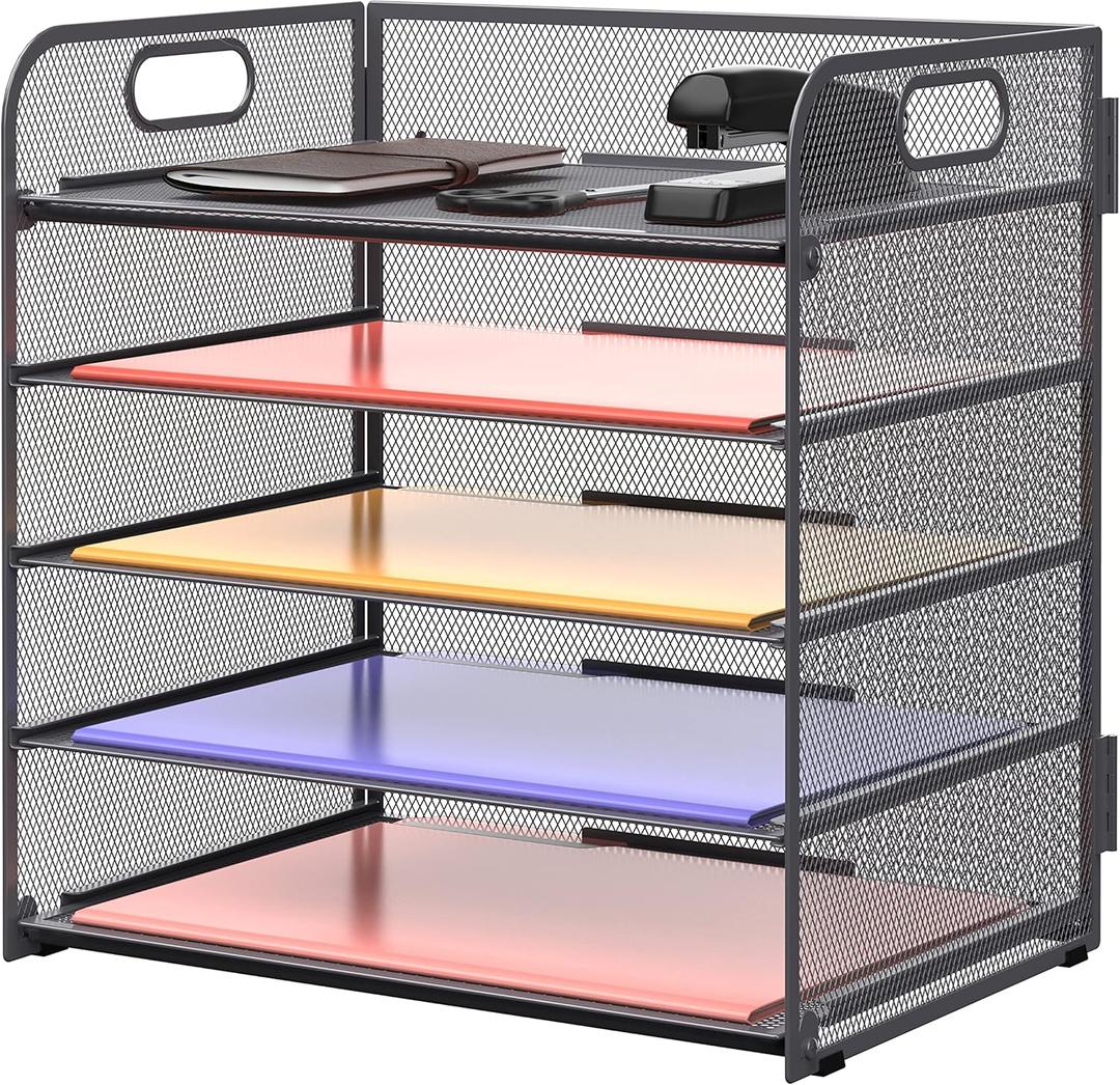 Supeasy 5 Trays Paper Organizer Letter Tray with Handle-Mesh Desk File Organizer, Grey Paper Sorter Desk Organizer for Office, Home or School (Softgray)