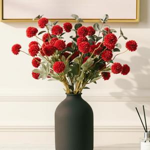 RyddeligHome Burgundy Flowers Artificial 10 Long Stems + Eucalyptus, Wine Colored Silk Flowers for Burgundy Decor, Fall Table Centerpieces, Dark Red Faux Mums, Thanksgiving Centerpieces for Tables