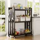 Bakers Rack with Power Outlet, Free Standing Kitchen Storage Shelf Rack, 3 Tier Kitchen Microwave Cart,3 Tier Heavy Duty black Metal Rolling Cart with Lockable Wheels(Black, 15.75x31.5x47)