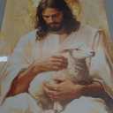 KYHDCJUB Jesus and Lamb Wall Art Jesus Saves the Lost Lamb Painting Christian Picture Wall Decor God Embraces Sheep Picture Prints Artwork for Living Room Bedroom Church 16x24 Inch Ready to Hang
