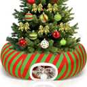 Christmas Cat Bed Tunnel, 3ft x 3ft x 9.8 Around Christmas Tree Cat Donut Tunnels Red Green Striped Mint Color Xmas Pattern with Kitten Gift Hanging Ball Decorations Cave for Xmas Tree Decor