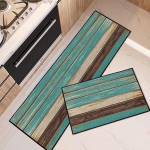 Rustic Kitchen Rugs and Mats Non Skid Washable Set of 2, Teal Country Wood Board Mats for Floor, Turquoise Brown Stripes Runner Rug Wooden Plank Texture Kitchen Decor