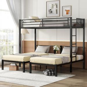 Bellemave Triple Bunk Bed for Kids, Detachable Twin Over Twin Over Twin Metal Bunk Bed with Guardrails, Ladder & Storage, Converts to 3 Separate Twin Beds, Easy to Assemble (3 Bunk Beds for Kids) (Black Wood)