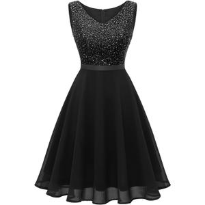 Dressystar 2026 Women's V Neck Short Sequin Prom Dress Glitter A-line Swing Cocktail Party Dresses Knee Length (Black, XL)