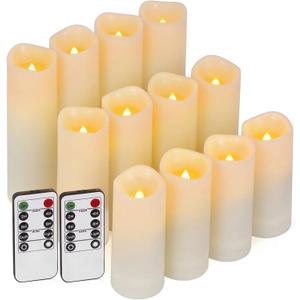 Enido 12 Pc Flameless LED Candles with Remote & Timer, Outdoor Waterproof, Flickering Electric Warm Lights for Cozy Home & Holiday Romantic Decor, Battery Operated (D 2.2 x H 4/5/6 (Ivory White)