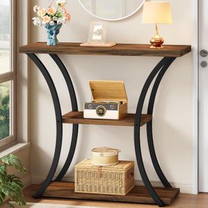 Hoctieon 3 Tier Console Table with Open Wood Shelves, Decorative Entryway Table with Curved Metal Frames, Narrow Sofa Table for Entrance, Living Room, Hallway, Rustic Brown+Black, 31.5 inches x 11.8 inches x 31.5 inches