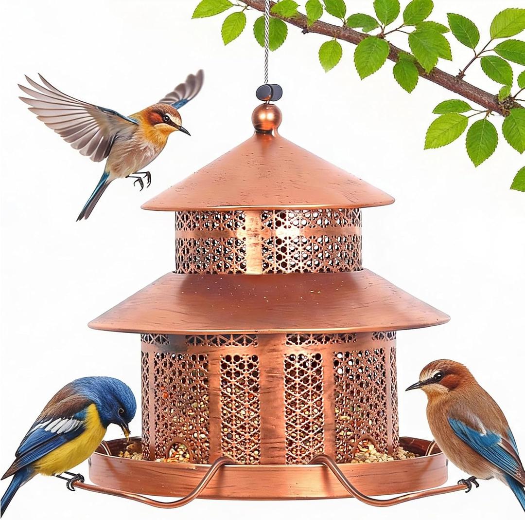 Bird Feeder for Outdoors Hanging, 2LB Capacity with 4 Perches, Heavy Duty Metal Wild Bird Feeders for Garden, Yard,Easy to Clean and Refill,Vintage Copper