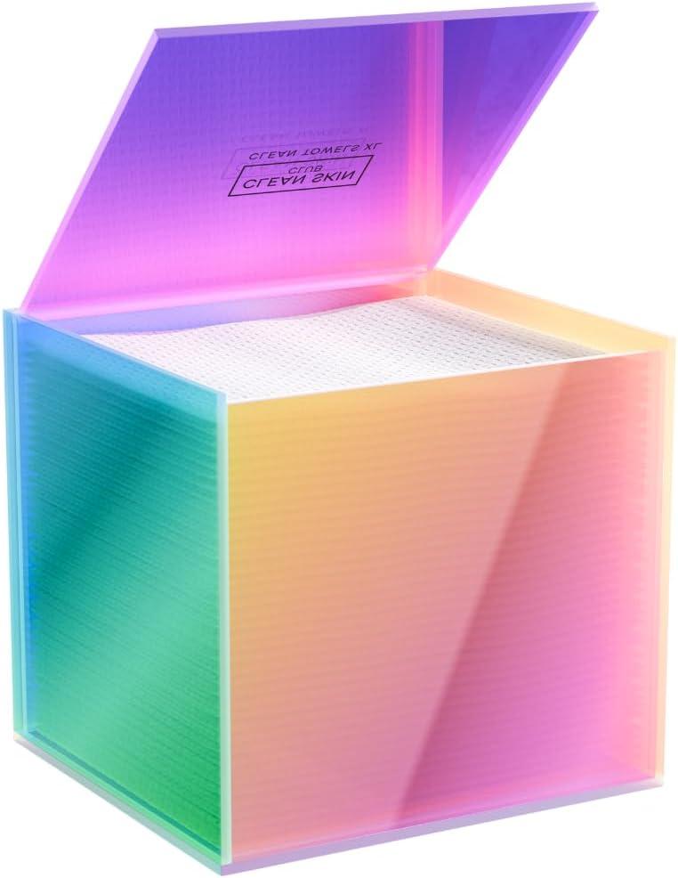 CLEAN SKIN CLUB Prism Box for Clean Towels XL Acrylic Bathroom Storage Organizer, Holds 50 Disposable Face Towels, Dust-Proof Countertop Container with Lid for Skincare & Vanity Organization