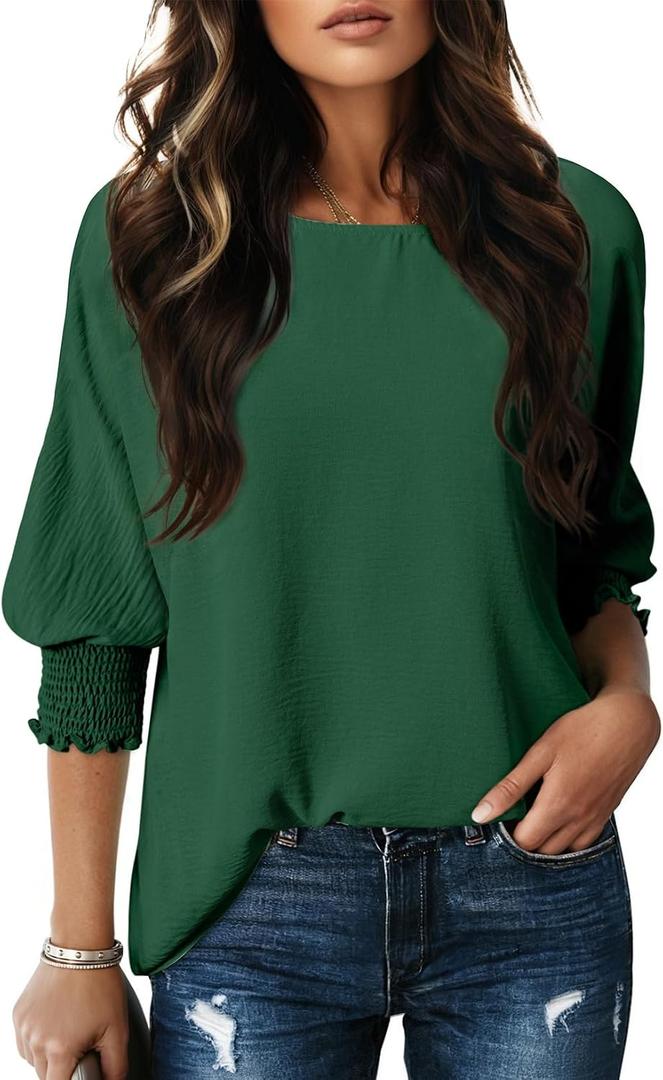 Dokotoo 3/4 Length Sleeve Womens Tops Dressy Casual Blouses Boat Neck Batwing Babydoll Top (Green, L)