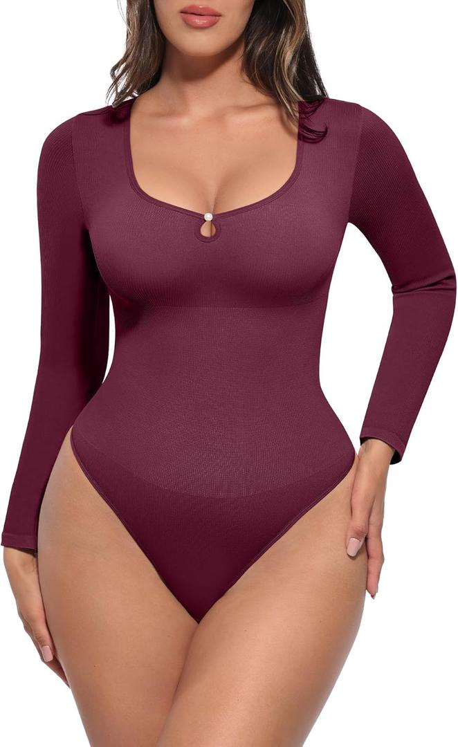 FeelinGirl Long Sleeve Shapewear Bodysuit for Women - Tummy Control Body Suits Seamless Thong Round Neck Body Shaper