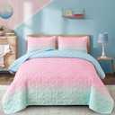 Pink Quilt Set King Ombre Blue Pink Mint Quilt Sets Kids Girls Bedding Set 3PCs Summer Reversible Lightweight Microfiber Bedspread Coverlet Sets for All Season (104''x90'')