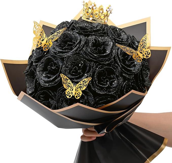 Waipfaru Glitter Roses Bouquet, DIY Fake Flowers Bouquet, Birthday Gifts for Women Mom, 24 Pcs Black Rose for Grandma Wife Girlfriend Valentines, Mothers Day, Anniversary, Graduation