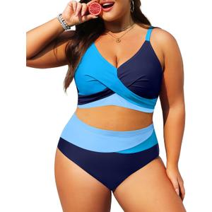 Plus Size Two Piece Swimsuit - Women High Waisted Bikini Set Tummy Control Bathing Suits (Blue), Size: 12 Plus