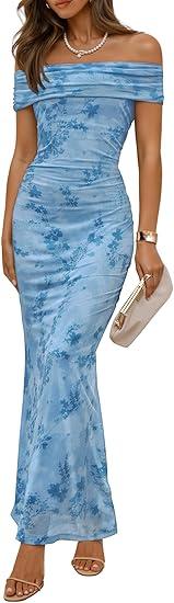 ZESICA Women's Summer Off Shoulder Floral Bodycon Maxi Dress 2026 Ruched Elegant Formal Cocktail Wedding Guest Long Dresses, Size S