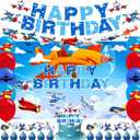 Airplane Birthday Party Decorations, Airplane Theme Party Supplies including HAPPY BIRTHDAY Banner Airplane Party Backdrop, Cake toppers Balloons for Airplane Birthday Party