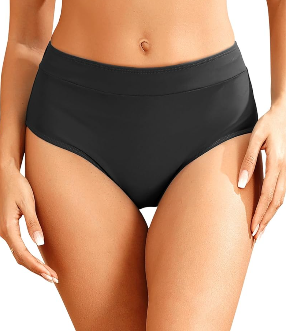 Tempt Me Women Mid Waist Bikini Bottoms - Full Coverage Bathing Suit Swim Bottom Swimsuit Swimwear M, Black