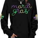 Womens Mardi Gras Shirt Stripes Fat Tuesday Tee Shirt Sequin New Orleans Carnival Party Long Sleeve Top (Black, XL)