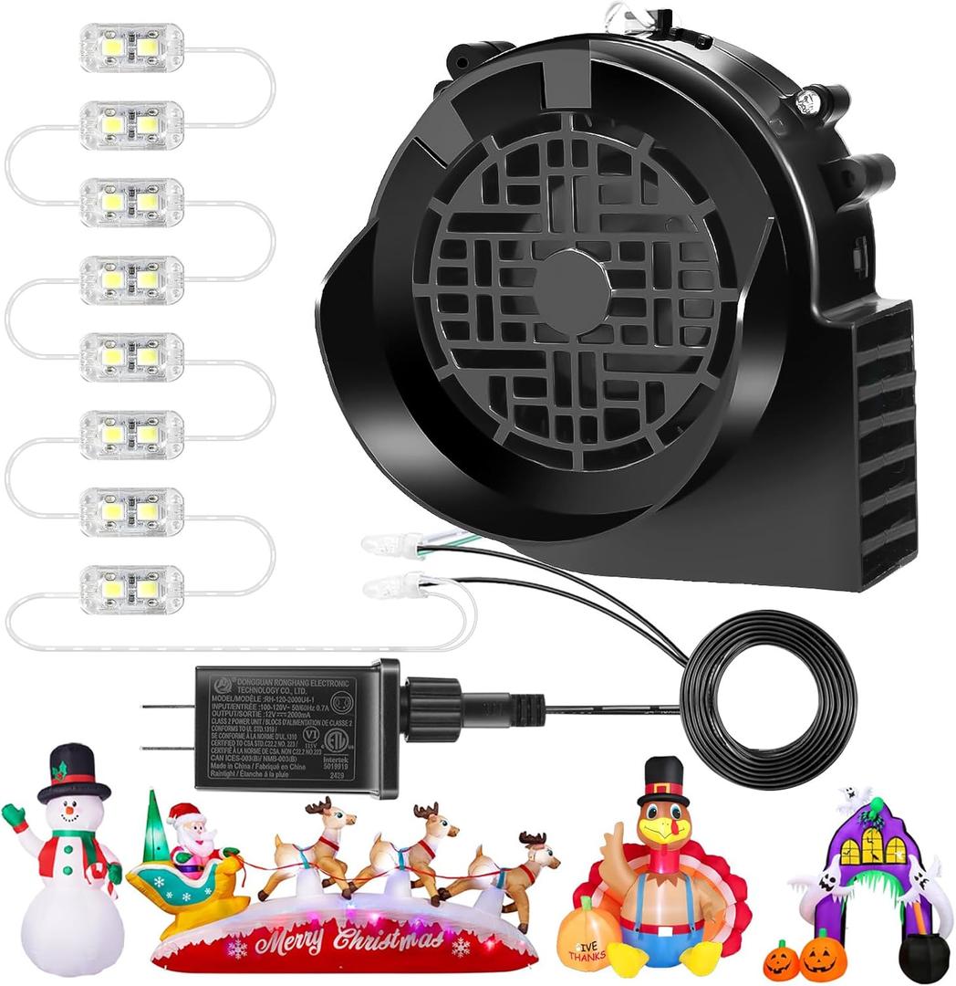 Replacement 1.5A Air Blower Fan for Inflatables, 8 Bright LED Light with Waterproof 2.0A Adapter, 12V Motor for Blow Up Yard Christmas Thanksgiving Outdoor Holiday Decorations (Large, Black)