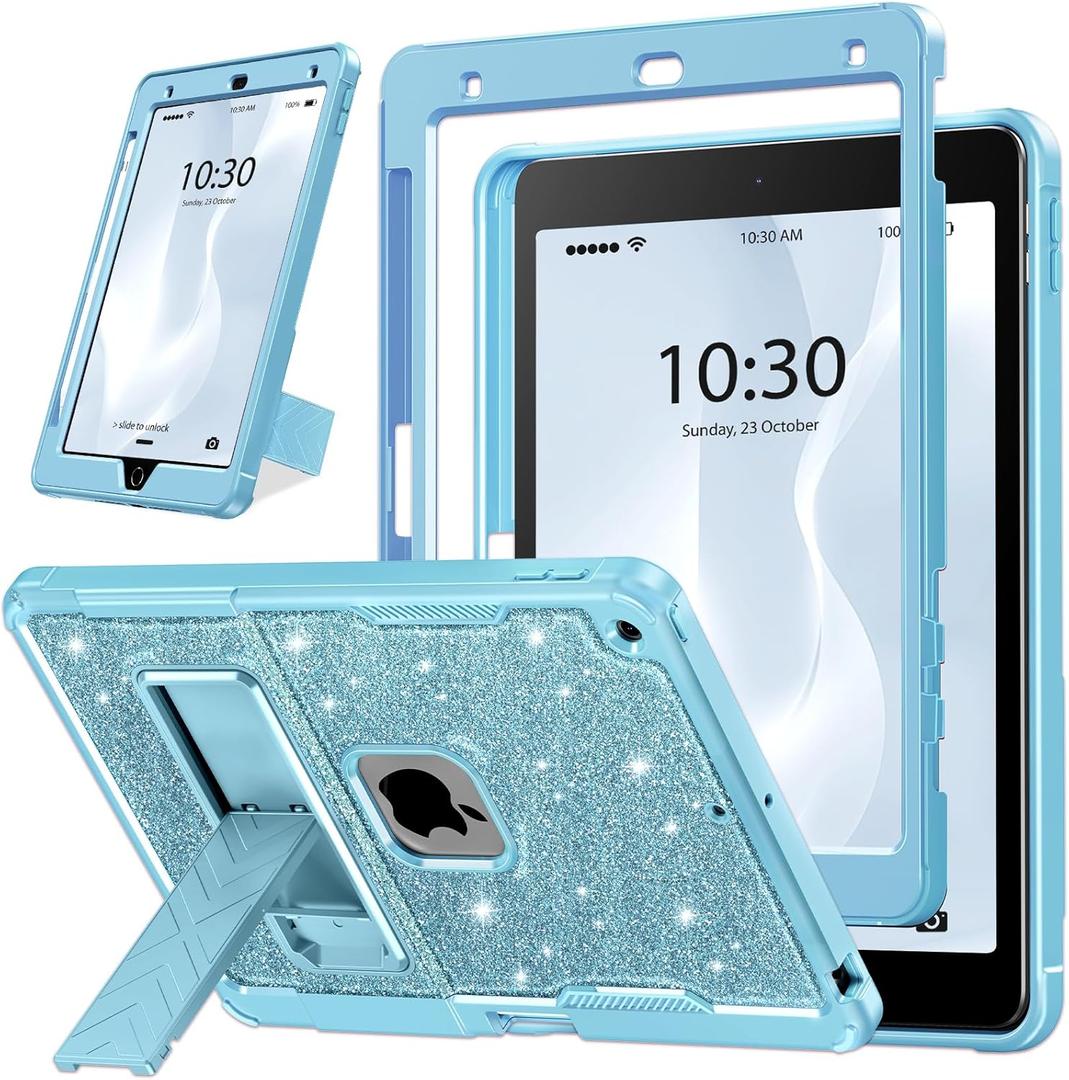 INFILAND Glitter Case for iPad 9th Generation (2021) / 8th Generation (2020) / 7th Generation (2019) 10.2 Inch, Heavy Duty Shockproof Protective Cute Cover with Kickstand for Kids, Girls (Blue)