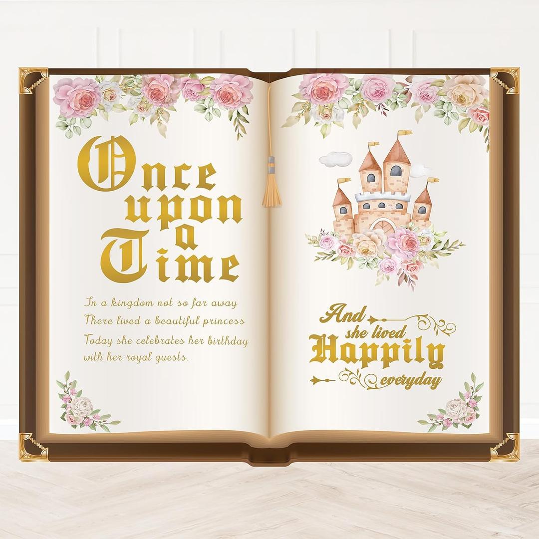 Once Upon a Time Birthday Decoration Princess Party Backdrop 7X5ft Pink Floral & Gold Castle Fairytale Birthday Banner for Girls' 1st Birthday, Baby Shower Photo Booth Background Cake Table Decor (6X5ft)