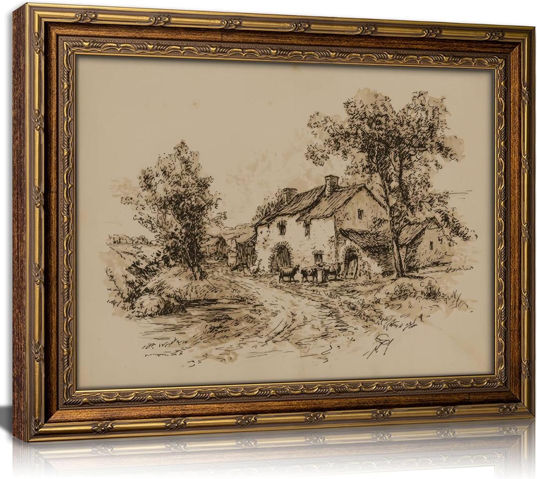 Vintage Gold Framed Farmhouse Sketch Wall Art，Retro Country Cottage with Cattle Canvas Prints, Antique Rural Farm Scene Drawing Poster Artwork for Living Room Bedroom Kitchen Wall Decor，16x24in