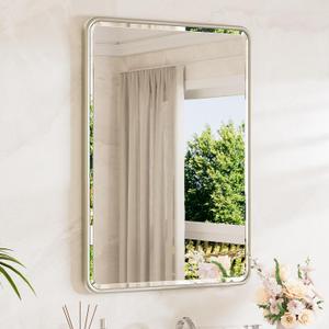 TETOTE Brushed Nickel Bathroom Mirror for Over Sink 24 x 36 Beveled Edge Tempered Glass, Rounded Corner Rectangle Framed Mirror for Modern Bathroom, Living Room, Bedroom, Entryway
