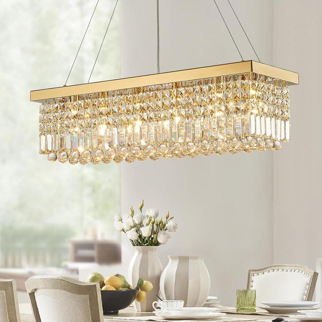 Siljoy 6-Light Modern Crystal Chandelier Rectangular Gold K9 Crystal Raindrop Chandelier for Dining Room, Luxury Adjustable Ceiling Pendant Light for Living Room Kitchen Island L31.5'' x W10'' x H10'' (Hanging Style)
